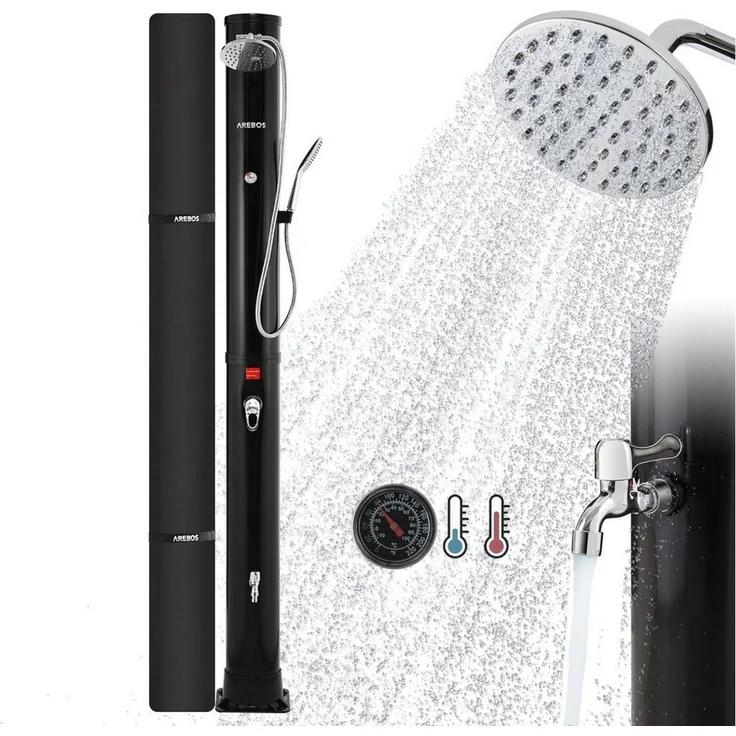 Arebos Solardusche 40 L Solar-Gartendusche mit Handbrause, Thermometer & Fußdusche (Komplett-Set, Schwarz/Silber), inkl. Abdeckhaube