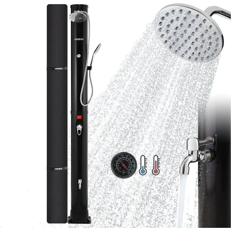 Arebos Solardusche 40 L Solar-Gartendusche mit Handbrause, Thermometer & Fußdusche (Komplett-Set, Schwarz/Silber), inkl. Abdeckhaube