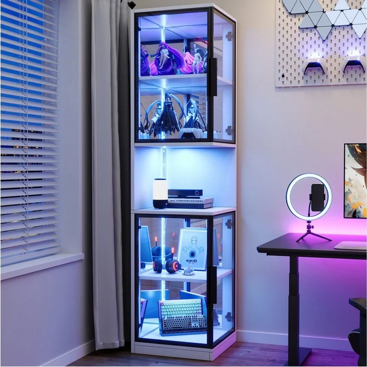 Flieks Eckvitrine Glasvitrine mit LED-Beleuchtung und Glastüren, verspiegelter Rückwand (1-St, 42x44x205 cm) Standvitrine Eckschrank Hochschrank Sammlervitrine mit 5 Fächern Weiß – Bild 2
