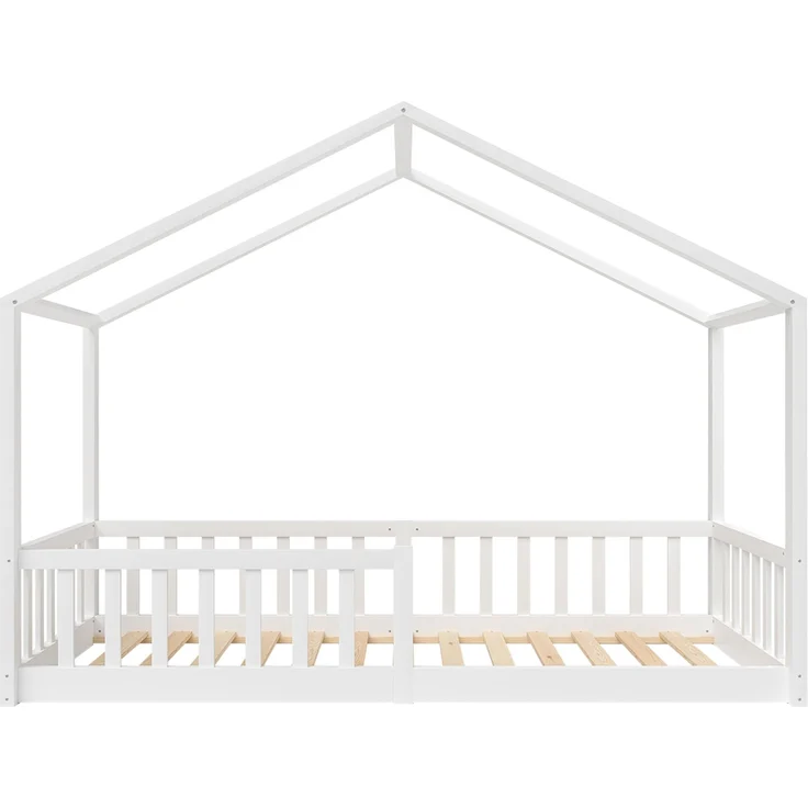 Bellabino 'Bia' Hausbett 80x160 cm, weiß, Kiefer Massivholz, Bodenbett in Hausoptik, Montessori Kinderbett mit Rausfallschutz und Lattenrost – Bild 13