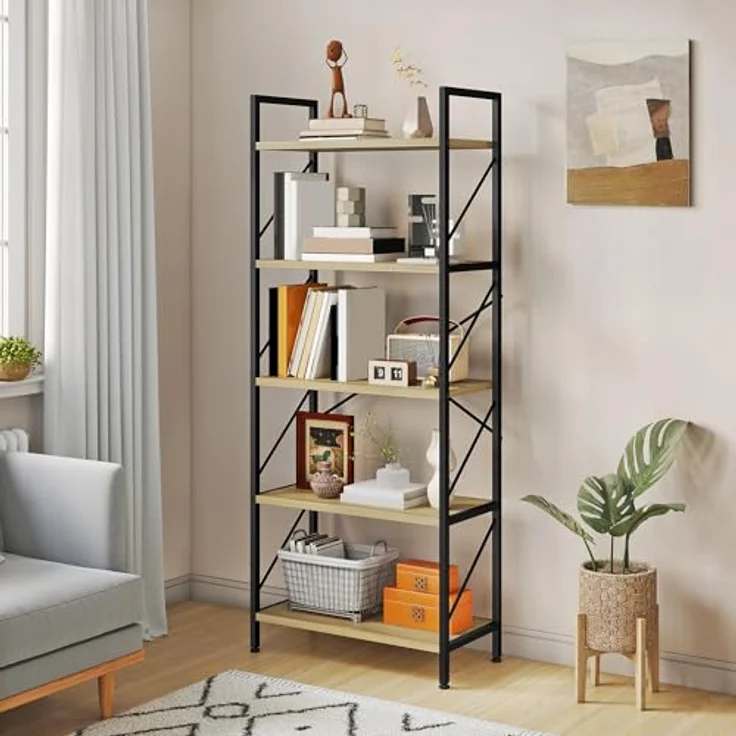 YITAHOME Bücherregal, Standregal mit 5 Ebenen, Hohes Lagerregal mit Metallrahmen, Industrielles Ausstellungsregal, Regaleinheiten, für Wohnzimmer, Schlafzimmer, Homeoffice, Küche, Eichenfarbe Regal – Bild 2