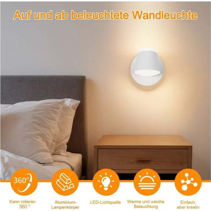 BlingBin Wandleuchte LED Wandlampe Drehbare Bettleuchte Lesen Lampe, 8W LED Wandstrahler Auf und ab Einstellbarer Lichtstrahl, LED fest integriert, warmes Licht, Wandbeleuchtung für Schlafzimmer Wohnzimmer Flur Treppenhaus – Bild 2