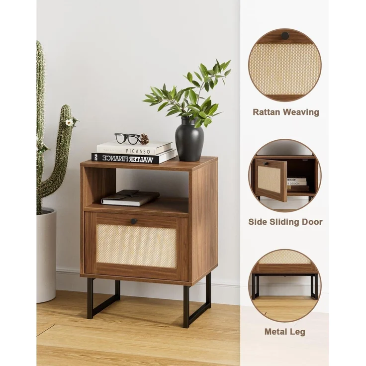 Boho Rattan Nachttisch mit Schublade und Regal, Goldrahmen, Braun – Bild 5