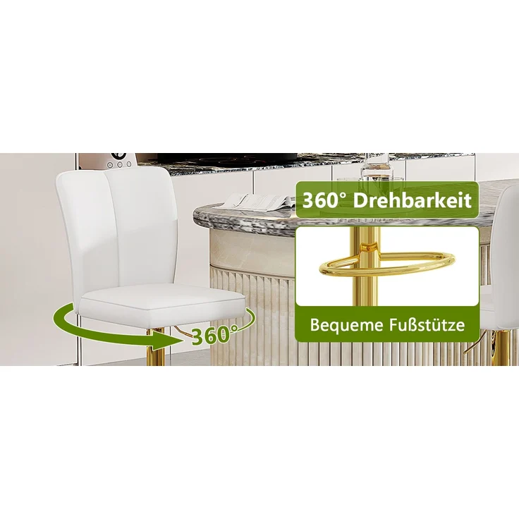 Höhenverstellbarer Barhocker im 2er-Set, 360° drehbar. Luxuriöser Barhocker im Weiß-Gold-Design aus wasserabweisendem PU-Leder, geeignet für Kücheninseln. Verschiedene Farben erhältlich.--Weiß + Gold--37x44x44.5cm--YOUDENOVA – Bild 4