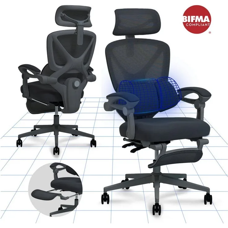 FLEXISPOT Drehstuhl Ergonomischer Bürostuhl mit X-Design (135° neigbare Rückenlehne & 3D-Kopfstütze & zonenverstellbare Lendenunterstützung), Synchron-Armlehnen, Ausziehbare Fußstütze, Drehstuhl für Homeoffice