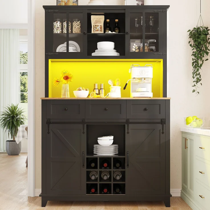 Küchenschrank(105×38.4×180cm), Hochschrank Küchenbuffet, Vitrinenschrank, Buffetschrank mit Verstellbaren Ablagen, Sideboard mit LED-Beleuchtung,Variable Lichtfarben, schwarz--Schwarz--105x38.4x180cm--YOUDENOVA – Bild 3