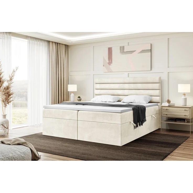 MEBLINI Boxspringbett KARIM 200x200 cm mit Bettkasten - H3/Creme Samt Polsterbett - Doppelbett mit Topper & Taschenfederkern-Matratze – Bild 1