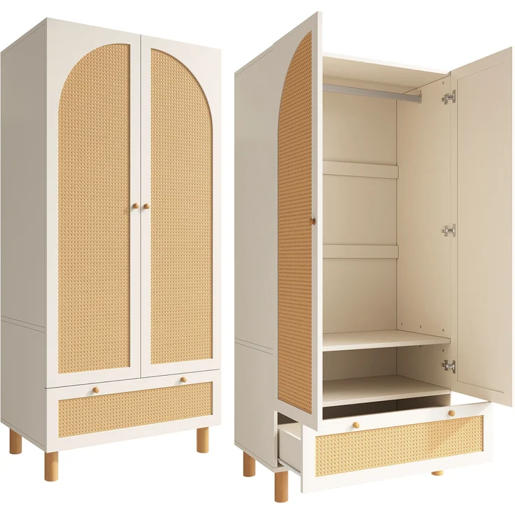 Landhaus Kleiderschrank Weiß Mit Rattan 180x85x52 cm Garderobenschrank Mit Höhenverstellbaren Regalen Und Schublade Hängebereich Landhausstil Wohnzimmerschrank Schlafzimmer Schrank – Bild 9