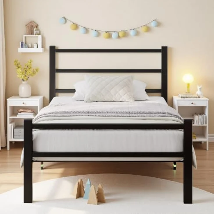 Feonase Einzelbettgestell aus Metall mit stilvollem Kopfteil und Fußteil, Einzelbettgestell, einfache Montage, reichlich Stauraum unter dem Bett (schwarz, 90x200 cm) – Bild 1