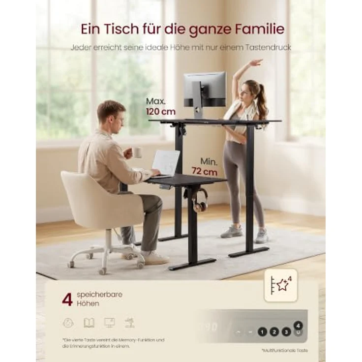 VASAGLE Höhenverstellbarer Schreibtisch, Memory-Funktion mit 4 Höhen | 100 x 60 cm, Stehtisch, Computertisch, Erinnerung bei langem Sitzen, für Büro, Schwarz, BALOK Kollektion LSD310BZ03 – Bild 4
