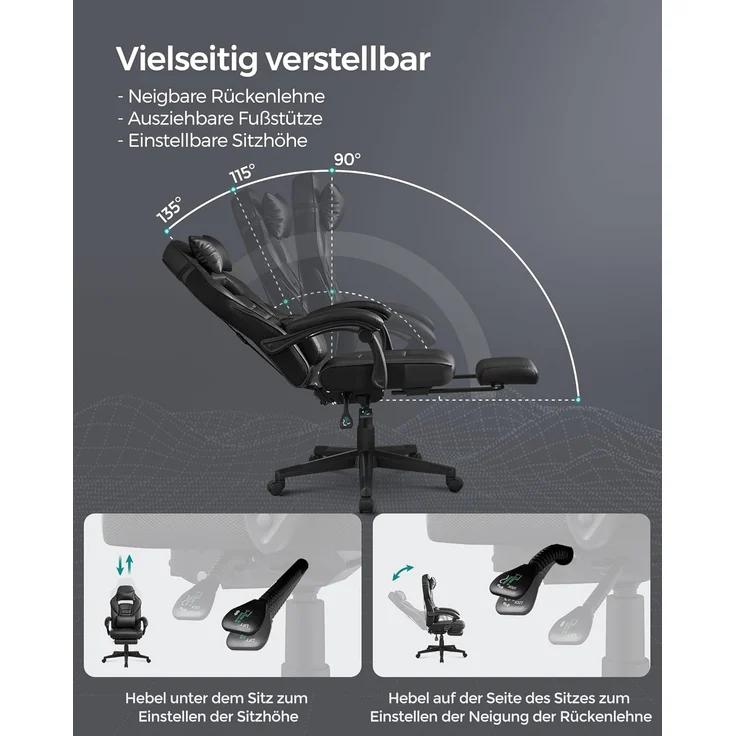 Songmics Bürostuhl, Schreibtischstuhl, ausziehbare Fußstütze, Kopfkissen, Lendenkissen, höhenverstellbar, ergonomisch, neigbare Rückenlehne, bis 150 kg belastbar, tintenschwarz OBG073B05 – Bild 4