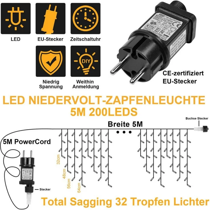 SERBASIC Lichterkette LED Eisregen Lichterkette, Erweiterbare Lichtervorhang mit Timer, 5M/10M/15M, Timer, 8 Modi, für Weihnachtsdeko Traufe Garten Balkon – Bild 2