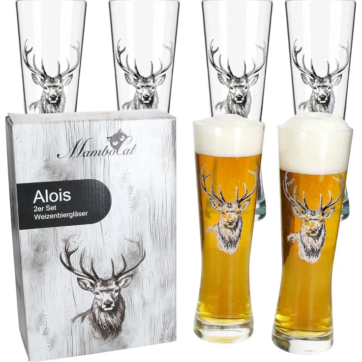 MamboCat Bierglas Alois 6er Set Weizenglas 0,5 L Hirschmotiv Geschenkverpackung, Glas
