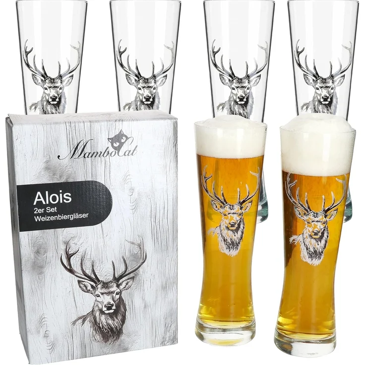 MamboCat Bierglas Alois 6er Set Weizenglas 0,5 L Hirschmotiv Geschenkverpackung, Glas – Bild 1