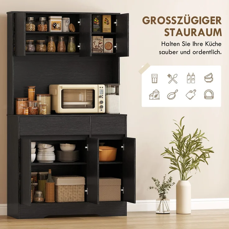 Wohnora-Buffet-Küchenschrank mit Arbeitsplatte, 6 Türen, hoher Stauraumschrank mit Regalen, Schwarz,H 1800cm x T 1000cm x B 380cm – Bild 5
