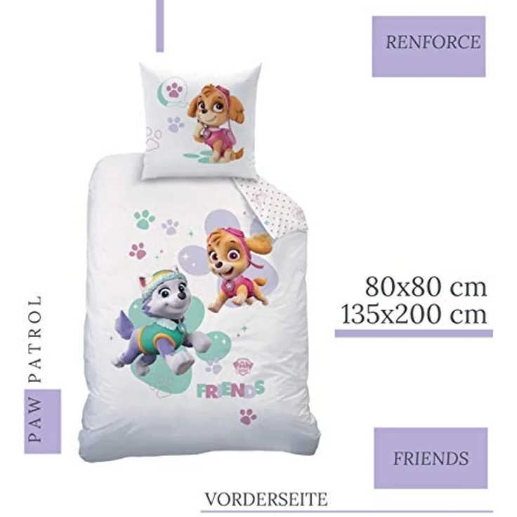 MTOnlinehandel Kinderbettwäsche Paw Patrol 135x200 + 80x80 cm, 100 % Baumwolle, Renforcé, 2 teilig, Bettwäsche-Set Skye & Everest für Kinder, Mädchen und Jungen – Bild 2