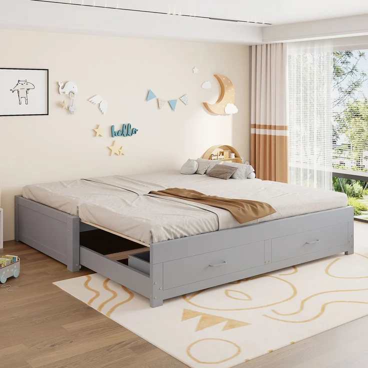 ZUBALIYA Tagesbett 90/180 × 190 cm, Holz, Ausziehbett, Schubladen, Lattenrost, Grau – Bild 2