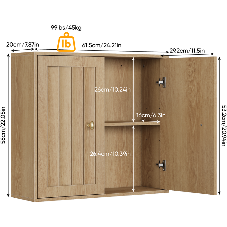 Badezimmer-Wandschrank 61,5 x 20 x 56 cm aus MDF und Spanplatte, Eiche, mit 2 Türen – Bild 4