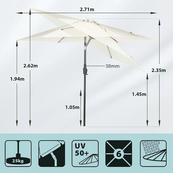 Sekey 270cm Sonnenschirm mit Kurbel und Auto Kippen,Marktschirm für Terrasse,Balkon & Garten,Windfest Stabil UPF 50+,Graubeige,Rund – Bild 2