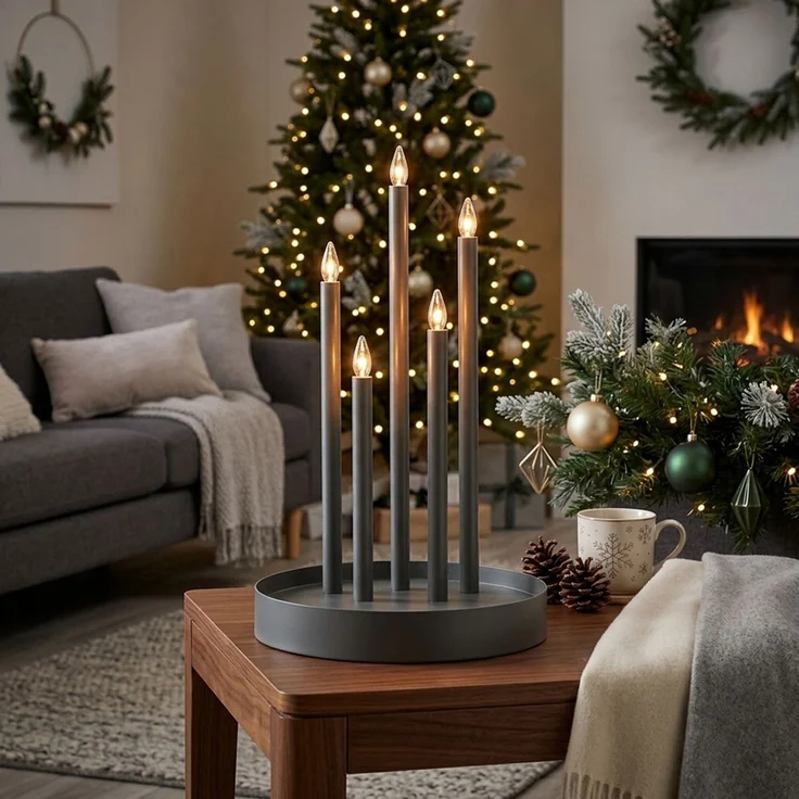 LED Kerzenständer DECO, Grau, Stahl, 5-flammig, Weihnachten H 46 cm – Bild 3
