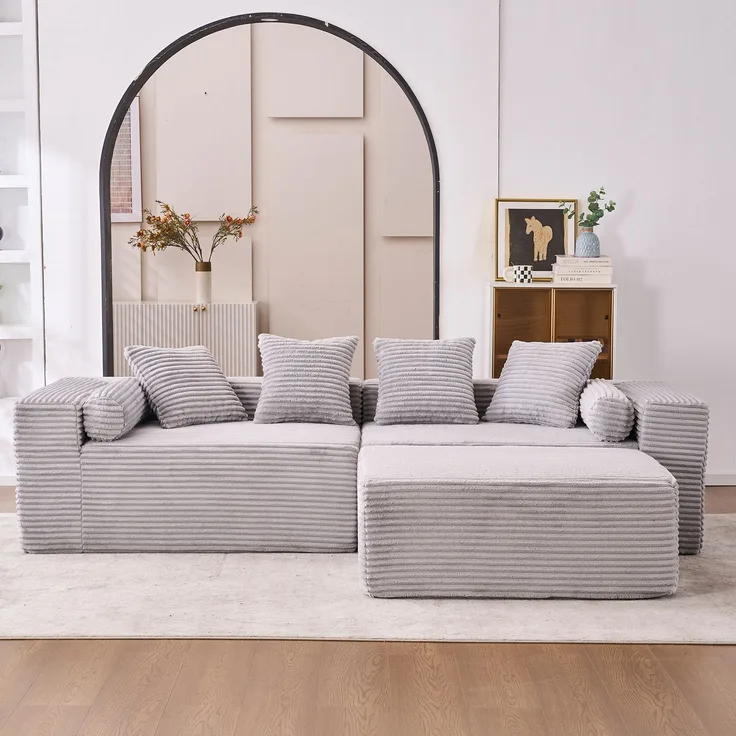Modulares Chenille-Ecksofa mit Chaiselongue und einzeln nutzbarem Sitzmodul, gepolsterte L-Couch ohne Werkzeugmontage für Apartments, Grau