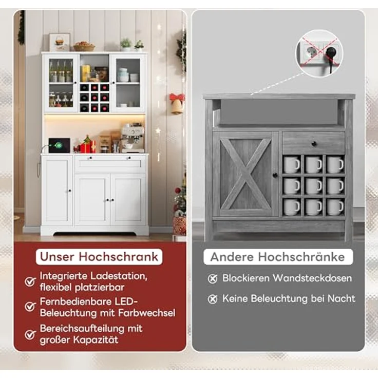 Ball & Cast Küchenschrank, Buffetschrank mit verstellbaren Einlegeböden, Steckdosen und Integrierter Beleuchtung, 105 x 40 x 180 cm, Weiß – Bild 9