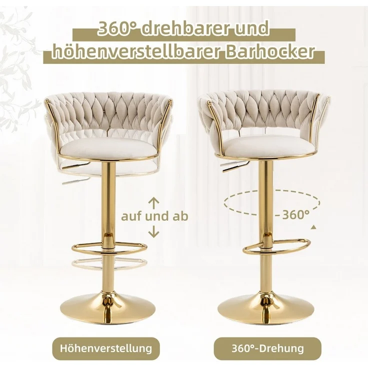LVHOM Barhocker silber/goldene Stuhlbeine, Moderne Samt-Hochstuhl/Barstuhl (2/4 Stück, 2 St, mit runden Rückenlehne & Fußstütze), 360° drehbar, höhenverstellbar – Bild 3
