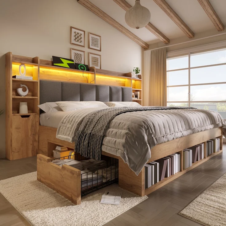 Merax 180x200 cm Doppelbett, Polsterkopfteil mit LED-Beleuchtung, Nachttische mit USB- und Type-C-Anschlüssen, Stauraum und Rollschubladen, Lattenrost aus Holz, Eichefarbe – Bild 6