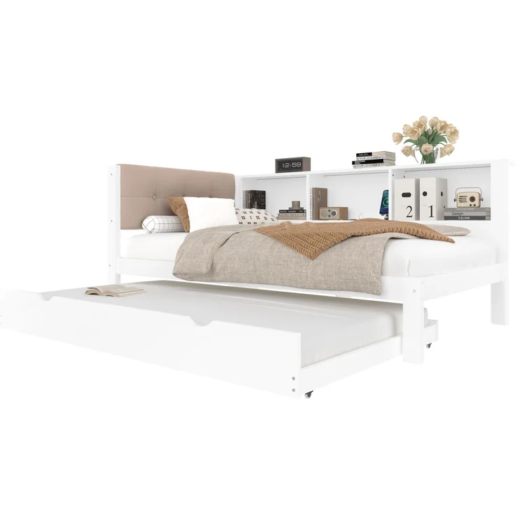 Merax Daybett, Tagesbett, Schlafsofa, 90x200cm, Einzelbett(Ohne Matratze), mit ausziehbarem Bett, mit dimmbarer LED-Leiste, mit praktischem Regal, mit USB-Anschluss, 90x200cm, Kiefernholz, Weiß – Bild 10