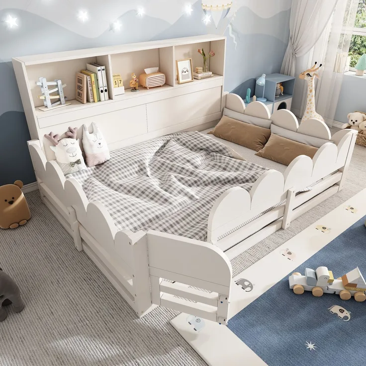 Kinder Bodenbett 140x200 cm Weiß Holzbett mit Rausfallschutz und Tür Lattenrost Kinderbett mit Regal großzügige Liegefläche für Geschwister sicherer Schlaf und Spielbereich ohne Matratze