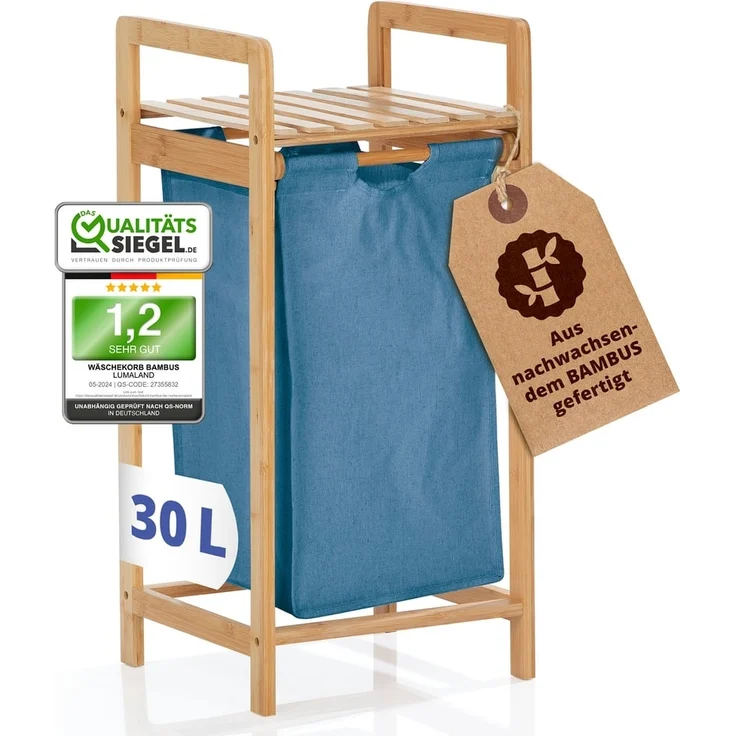 Lumaland Wäschekorb Bambus 33x33x73cm holzfarben/blau Wäschesack ausziehbar – Bild 2