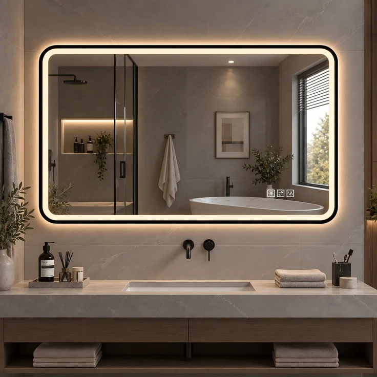 60×100cm LED Badezimmerspiegel mit schwarzem Aluminiumrahmen, Front- & Hintergrundbeleuchtung, Anti-Beschlag, 3 Lichtfarben, dimmbar, Memory-Funktion, horizontal & vertikal montierbar, IP44 wasserdich--Schwarz--100x60x4cm--YOUDENOVA – Bild 2