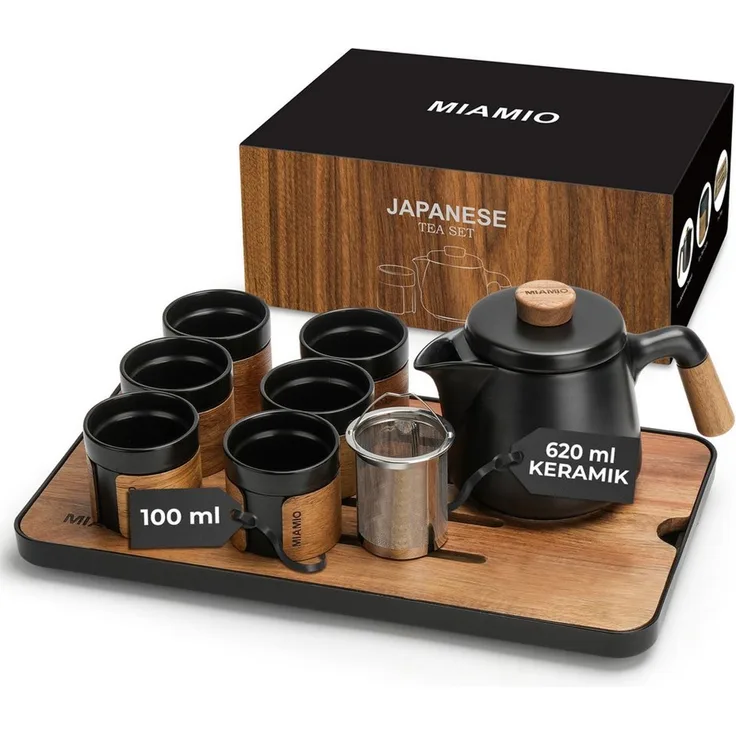 MiaMio Teeservice japanisch mit 6 Teebechern, 100 ml, Schwarz, Keramik