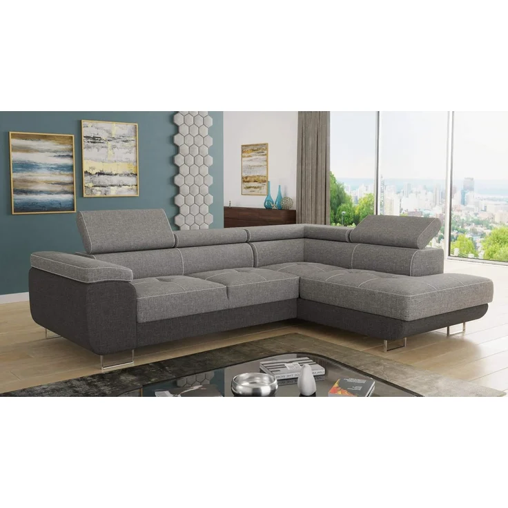 Ecksofa Caris mit Schlaffunktion, Bettkasten und einstellbare Kopfstützen (Dunkelgrau + Grau (Sawana 05 + Sawana 21), Ecksofa Rechts) – Bild 2