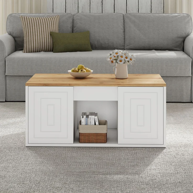 Couchtisch 46 x 95 x 45 cm, mit Höhenverstellung, in Holzoptik, Konstruktion aus Spanplatte, Weiß / Naturfarben – Bild 19