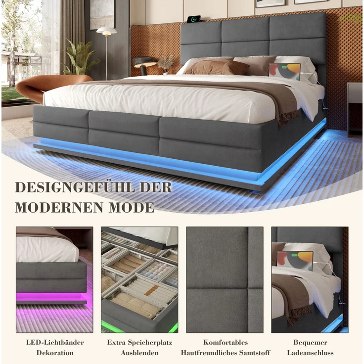 Boxspringbett Samt Grau Höhenverstellbar 160x200 cm mit LED Beleuchtung USB Anschluss Hydraulik Stauraum Kopfteil Doppelbett – Bild 6