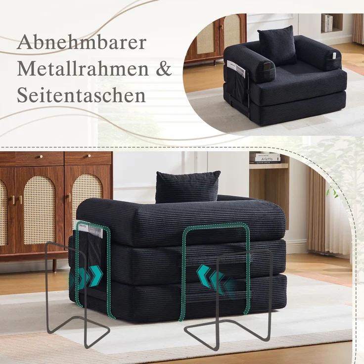 LVHOM 3-in-1 Schlafsessel, Klappsofa mit Schlaffunktion, Einzelschlafsofa mit Seitentaschen und Kissen, Polstersofa aus Cordstoff, frei Kombination, Schwarz – Bild 5