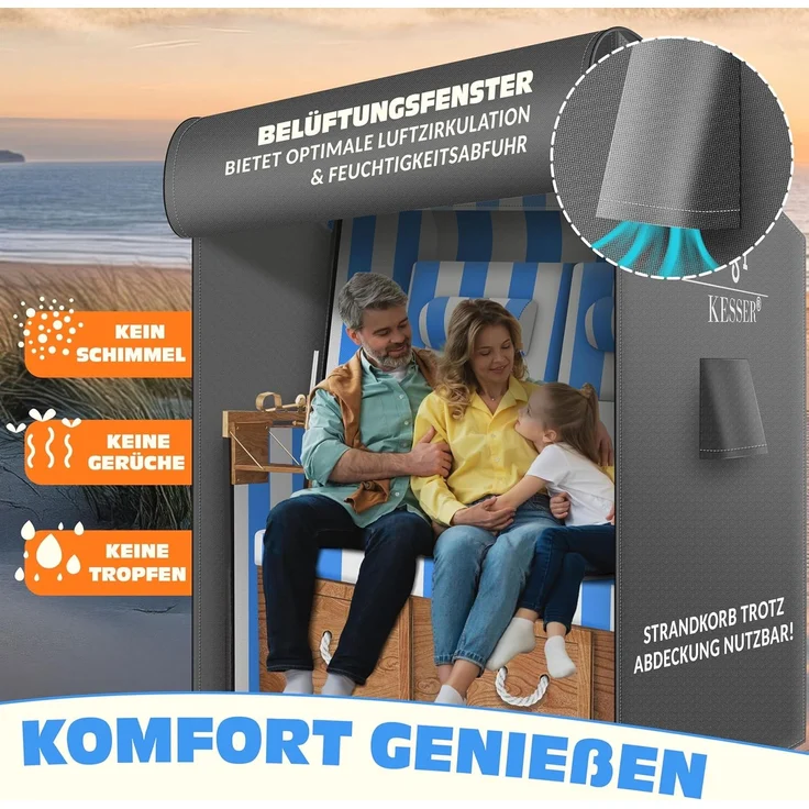KESSER® Premium Strandkorb Schutzhülle mit Belüftungsöffnungen, Strandkorbhülle Wasserdicht, Winterfest UV-Beständiges, Schwerlast Reißfest 600D Oxford Gewebe Abdeckung (135x100x160/150cm) Grau, 135cm – Bild 5