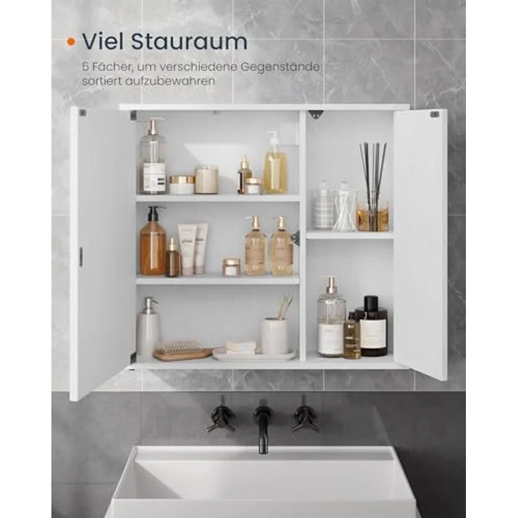 SONGMICS HOME Spiegelschrank, Badezimmerschrank, superschnelle werkzeuglose Montage, Toolless-Technologie, Badspiegel, verstellbare Ablagen, modern, 15 x 60 x 55 cm, schneeweiß BBC114WE01 – Bild 6