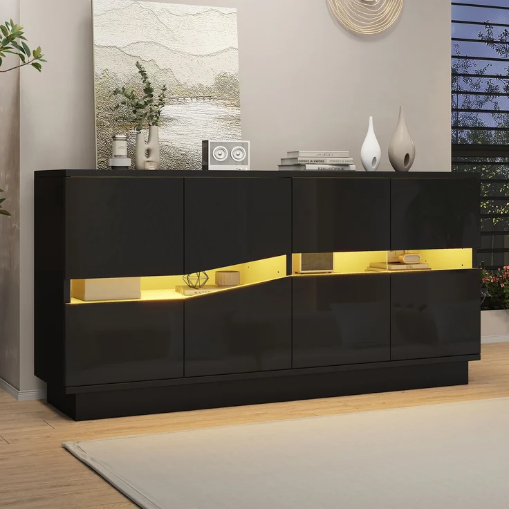 ZUBALIYA Sideboard 140x35x70 cm, mit LED-Beleuchtung, Hochglanz, mit 4 Türen, aus Spanplatte, Schwarz – Bild 1