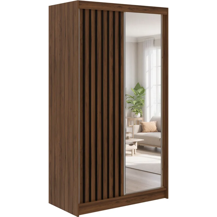 Kleiderschrank LAOS 120 cm Schiebetürenschrank Warmia-Nuss mit Akustikpaneel-Design (Lamellen) Schwarz & Spiegel, Inkl. Innenausstattung - mit Schubladen – Bild 4