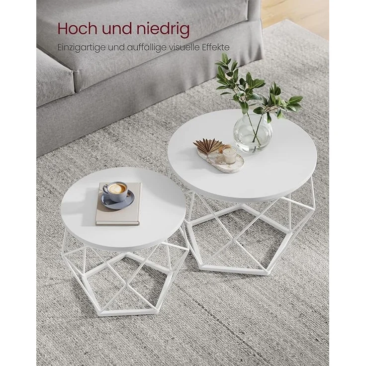 Vasagle Couchtisch rund 2er Set, abnehmbare Tischplatte, Holzspanplatte / Stahl schneeweiß-wolkenweiß – Bild 5