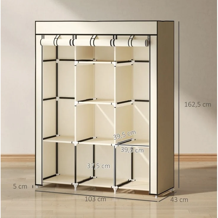 CHICFURN Kleiderschrank 125x162,5x43 cm aus Vliesstoff mit 2 Kleiderstangen und 8 Einlegeböden – cremeweiß – Bild 8