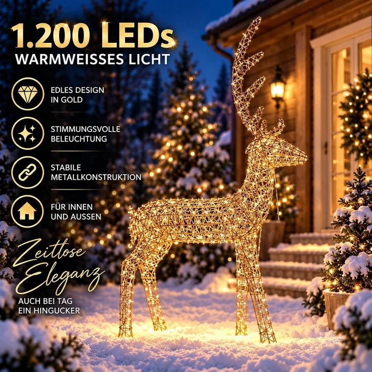 LED Rentier 120 cm, 1200 LEDs warmweiß, Timer, Weihnachtsdeko für außen – Bild 3