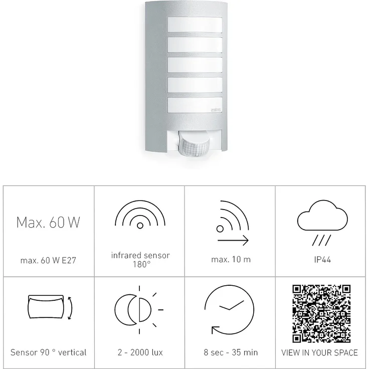 Steinel Außenwandleuchte L 12 S silber, 180°-Bewegungsmelder, E27-Fassung, max. 60 W, Aluminiumblende, IP44 – Bild 4