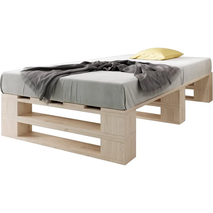 sunnypillow Palettenbett M2 aus Holz 100x200 cm mit Lattenrost Stabiles Seniorenbett Kinderbett Jugendbett Gästebett erhöhtes Einzelbett Bettgestell Futonbett Komforthöhe Naturholz