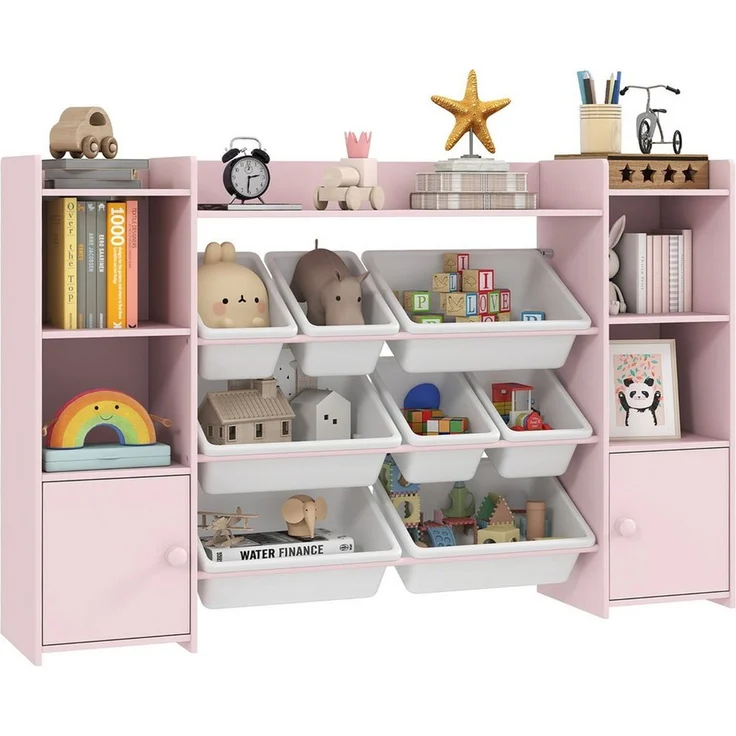 AIYAPLAY Kinderregal mit 8 herausnehmbaren Boxen, 4 offenen Fächern, 2 Schränkfach, Kinderregal 1-tlg, für Kinderzimmer, Spielzimmer, Wohnzimmer, 140 x 30 x 90 cm, Rosa – Bild 1