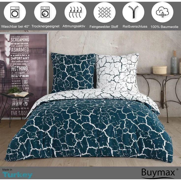 Buymax Bettwäsche, Renforce: 100% Baumwolle, 3 teilig, 200x220 cm, mit Reißverschluss, Muster Marmor, Grün, Weiß – Bild 2