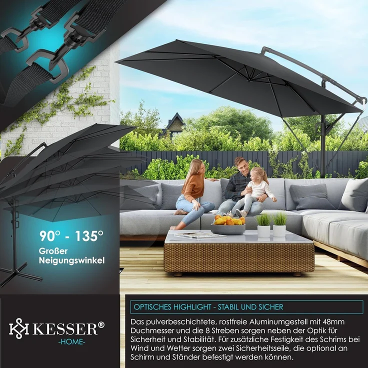 KESSER® 'Holly' Ampelschirm ohne LED Solar, inkl. Ständer, Abdeckung & Windsicherung mit Kurbel, Aluminium anthrazit, Ø 350 cm – Bild 3