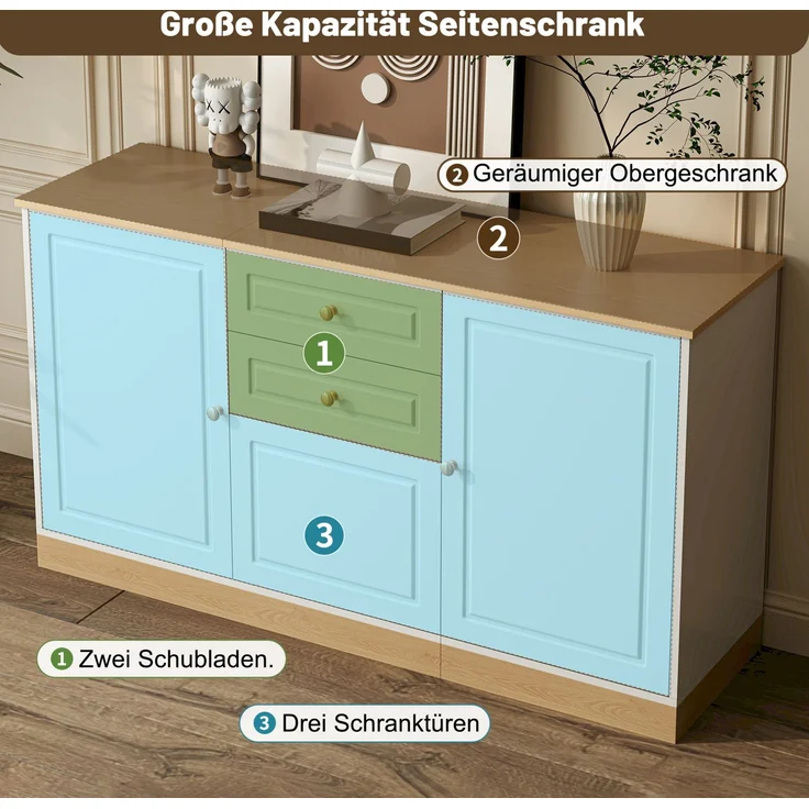 DESVIAE Sideboard mit 3 Türen und 2 Schubladen 135,5x76x39 cm Spanplatte Weiß/Holzoptik – Bild 5